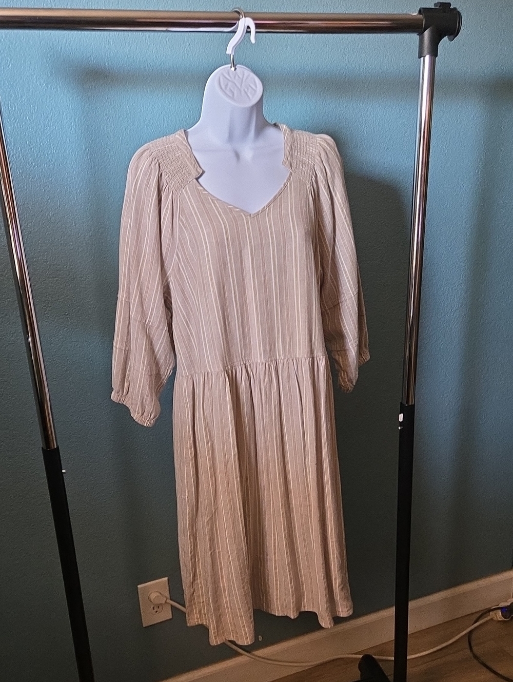 Beige Striped Midi Dress with Smocked Shoulders